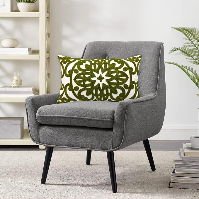 Alysheer Embroidered Lumbar Decorative Throw Pillow Cover 12"x 20", Classic Boho Mandala Embroidery Pattern Cotton Rectangular Cushion Case for Sofa Couch Living Room Bedroom(Olive Green)