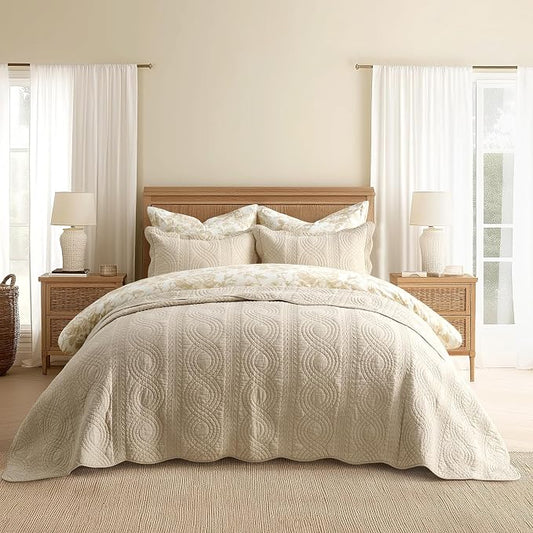 EverGrace 100% Cotton Scallop Quilt Set, King Size, Flax Beige | Scalloped Border, Timeless Chic Aesthetic, All-Season Comfort, Perfect French Country Bedroom Decor, 3 Piece Set with 2 Shams