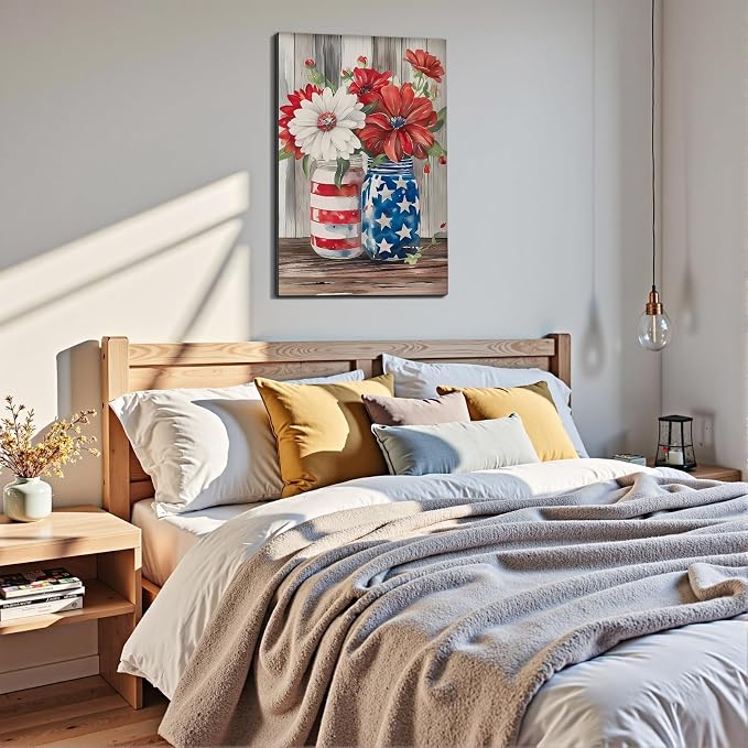 Framed American Flag Mason Jar Flower Wall Art, Patriotic Farmhouse Canvas Art Pictures, USA Flag Wall Decor, Made in USA Ready to Hang for Kitchen Living Room
