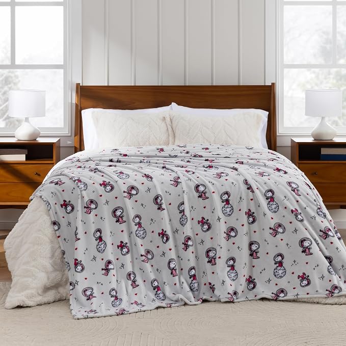 Berkshire Peanuts® VelvetLoft® Cute Character Snoopy Plush Blanket,Over the Moon for You Light Grey,Twin 60 in x 90 in (Official Peanuts® Product)
