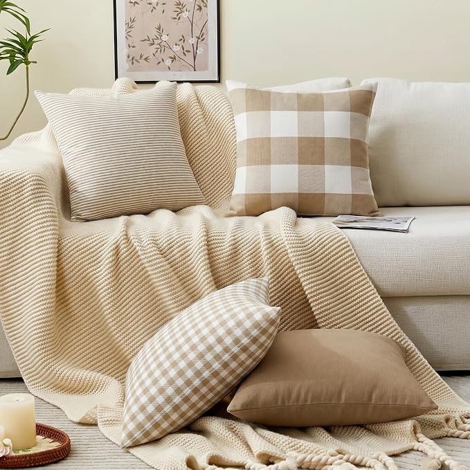 CARRIE HOME Brown Buffalo Check Plaid Couch Pillow Covers 18x18 Set of 2, Neutral Modern Farmhouse Dark Brown Khaki Tan Throw Pillows 18 x 18 for Living Room Sofa (No Pillow Inserts)