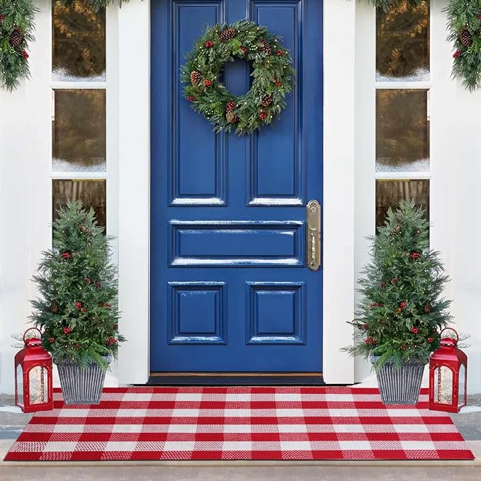Christmas Buffalo Plaid Rug 3 x 5 Ft, Red White Indoor Outdoor Rug | Cotton Blend, Hand-Woven Look, Machine Washable, Layering Rug, Porch Entryway Decor