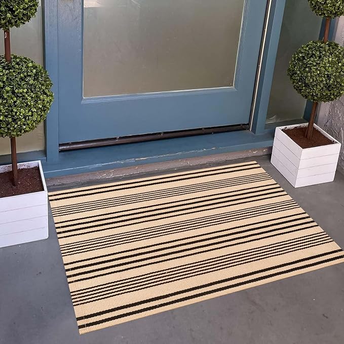 Front Outdoor Door Mat 2'x3',Tan Black Striped Outdoor Rug Machine Washable Cotton Layered Door Mat Entryway Throw Rug for Indoor Entrance