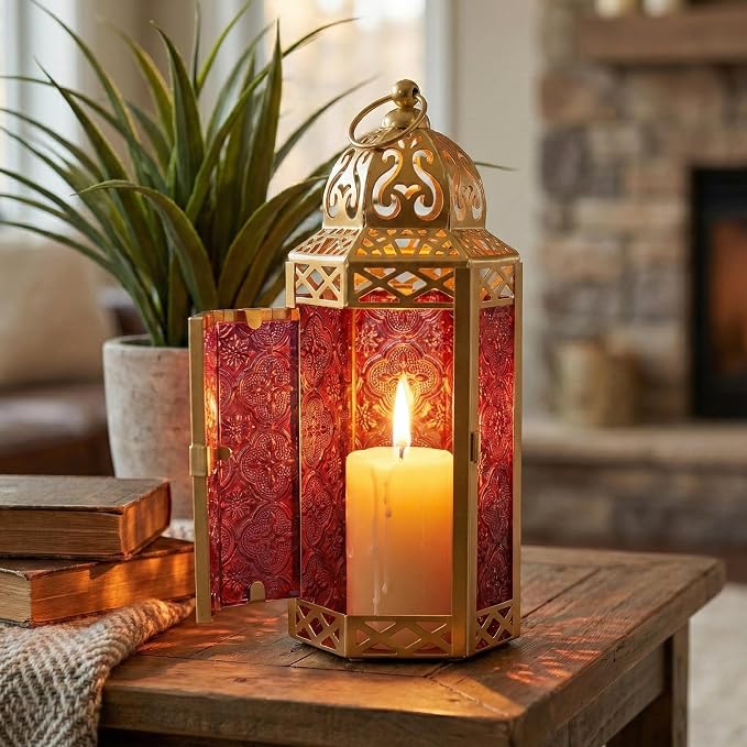 Vela Lanterns Decorative Indoor Moroccan Candle Holder, Gold Red, M | Ramadan Decorations for Home, Red Candle Lantern, Eid Table Centerpiece, Hanging Tealight Votive Pillar Holder, 10.5in