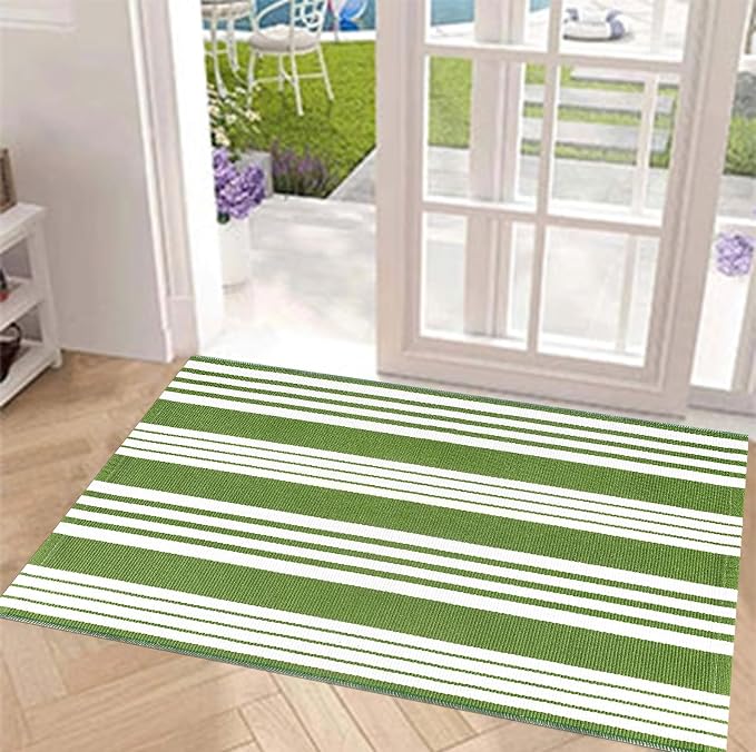 Green and White Striped Outdoor Rug 24'' x 51'' Front Porch Rug Hand-Woven Machine Washable Layered Door Mats for Entryway/Bedroom/Outdoor