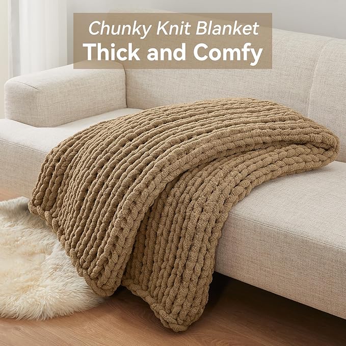 Negwoo Chunky Knit Throw Blanket, Knitted Throw Chenille Yarn, 30"*40" | Soft Thick Cable Knitted Blankets, Handmade Big Thick Blanket, Machine Washable Cute Comfy Blanket for Home Decor,Light brown