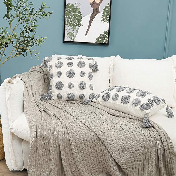 PLWORLD Boho White Throw Pillow Cover 20x20, Tufted Chenille Cushion Case with Pom Poms & Tassels, 1PC Cover Only, No Insert