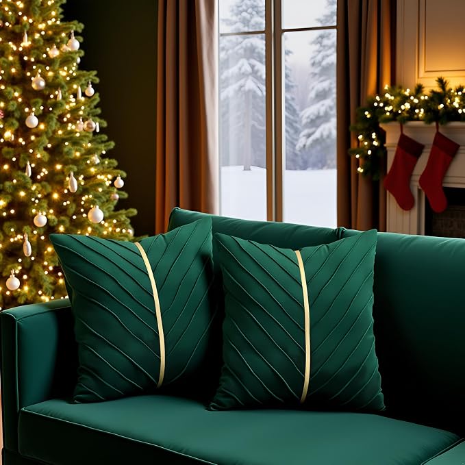 Velvet Throw Pillow Covers 26x26 Pack of 2 Gold Decor Dark Green