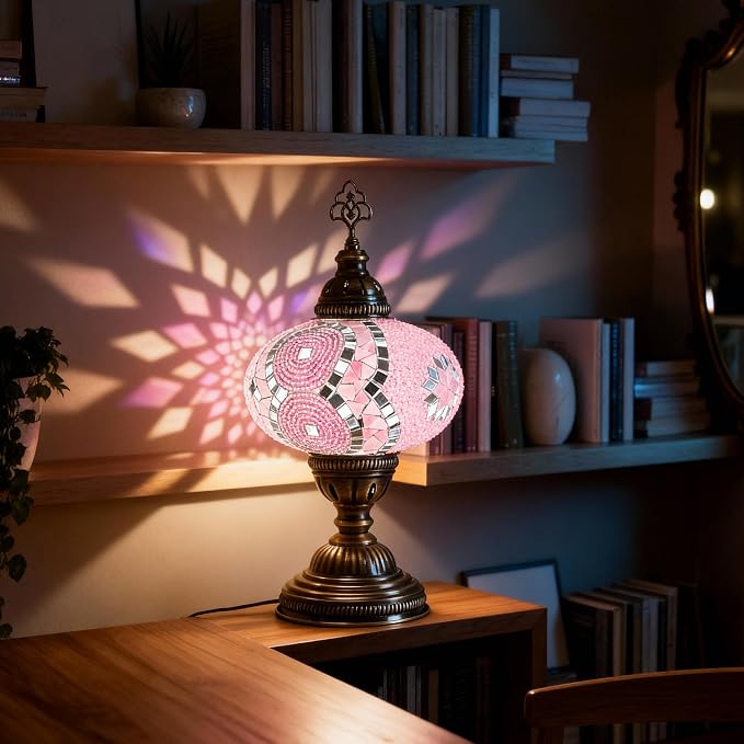Turkish Mosaic Table Lamp with Bulb – Handmade Pink Stained Glass Light, Vintage Bohemian Decorative Bedside Lamp with US Plug & E12 Socket