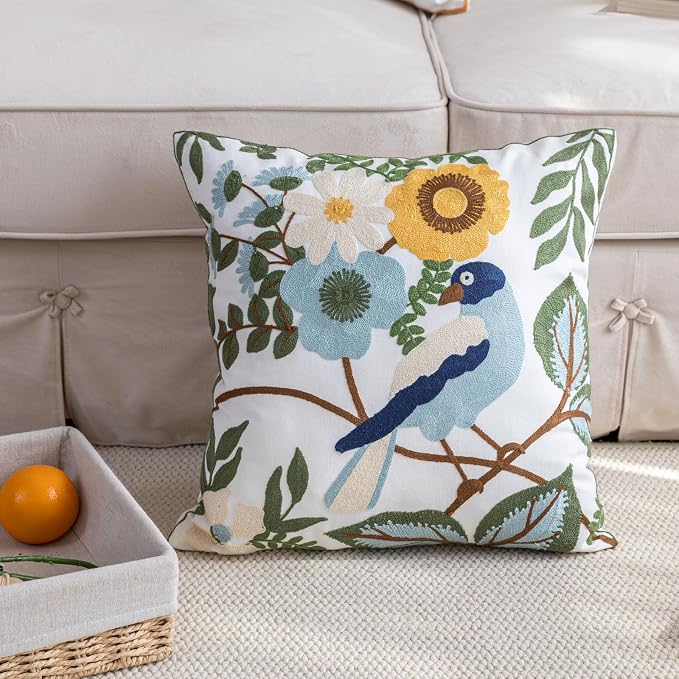 YIcabinet Pack of 2 Throw Pillow Covers,Flower and Bird Pattern Embroidered Pillow Case Soft Decorative Pillowcases for Home Sofa Couch 18x18 Inch