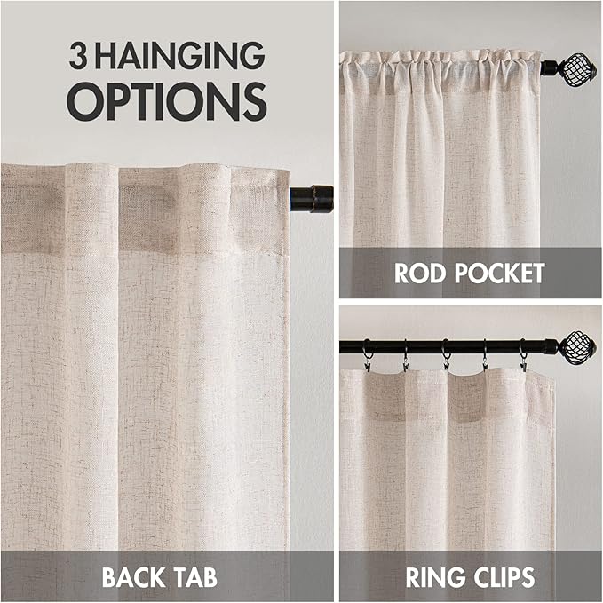 MIULEE Natural White Linen Curtains 52x60 Inch Length 2 Panels for Bedroom | Living Room, Soft Thick Linen Textured Window Drapes, Semi Sheer Light Filtering, Back Tab Rod Pocket, Burlap Look Decor
