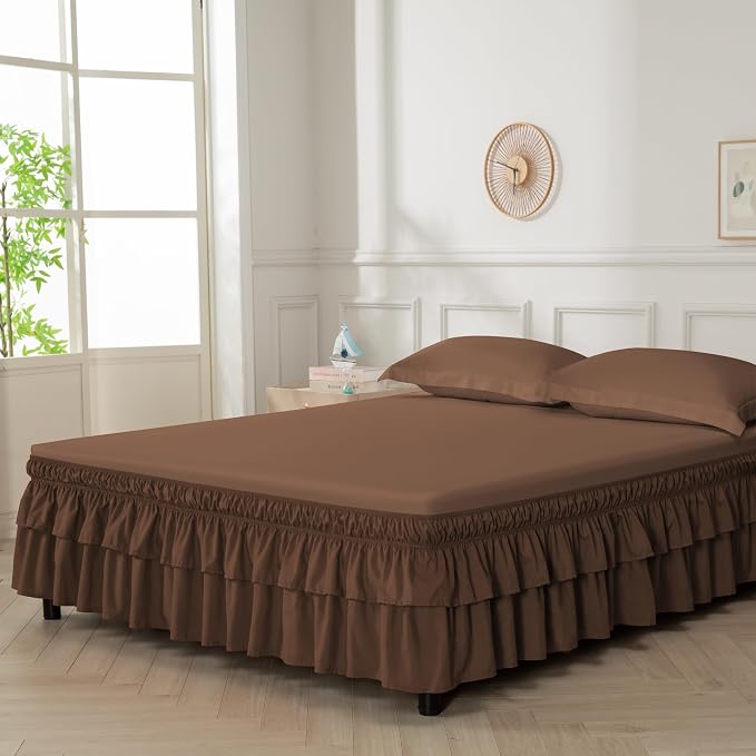 Double-Layered Ruffled Bed Skirt,Brown,Full/Queen, 14" Drop | Wrap Around, Adjustable Elastic, 2 Layer, Machine Washable Soft Fabric, Multi Ruffle Bedskirt