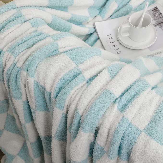bearberry Soft Plush Throw Blanket for Couch, Cozy Warm & Lightweight | Knitted Fluffy Checkered Comfort Home Decor Gift for Women Mom Her, Sofa Chair Bed, 40x50in, Blue