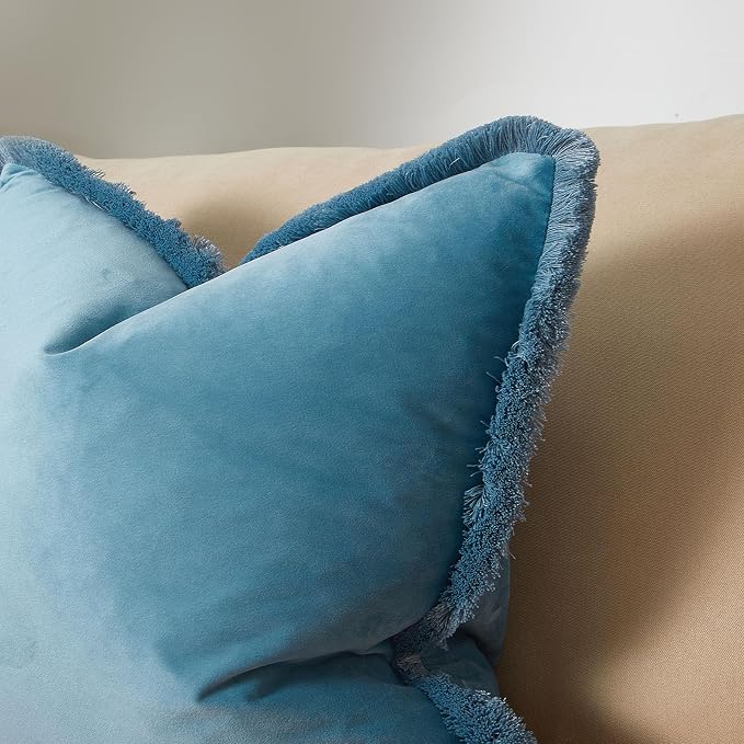 JUSPURBET Aqua Decorative Velvet Fringe Throw Pillow Covers 24x24 Set of 2 Boho Soft Cushion Case for Home Decor Living Room Couch Sofa Bed