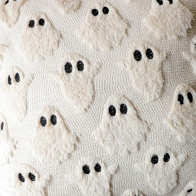 4TH Emotion Halloween Ghost Decorative Pillow Covers 18x18 Set of 2, Beige Soft Plush Faux Fur Farmhouse Throw Cushion Cases for Fall Holiday Home Decorations