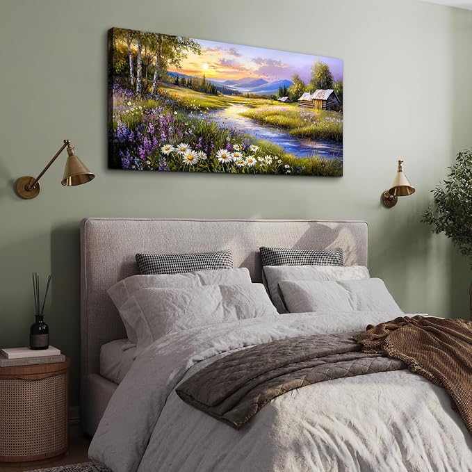 SERIMINO River Landscape Wall Decor, Countryside Sunset Art Prints 24"X48" | Rustic Country Wall Art, Meadow Wildflower Canvas Pictures, Bedroom Kitchen Decor, Ready To Hang, Fade-resistant Inks