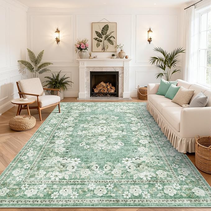 GarveeHome 8x10 Bedroom Rug Botanical Bordered Sage Green Floor Cover | Vintage Distressed Leaf and Flower Rugs Low Pile Machine Washable Non-Slip Floral Area Rug for Living Room Guest Room Office