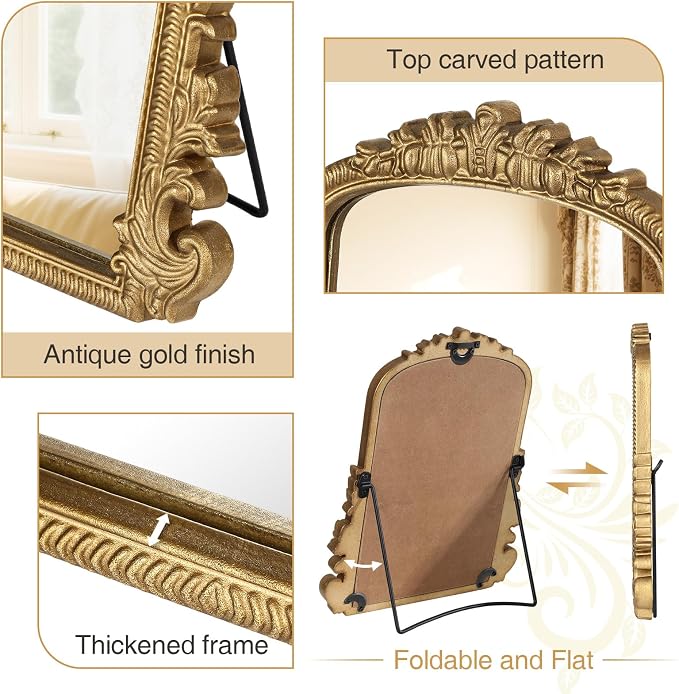 Vintage Vanity Mirror with Stand – 11.8"x9.6" Gold Tabletop Makeup Mirror, Arched Decorative Mirror with Carved Engineered Wood Frame for Bedroom, Dresser, Bathroom or Desk