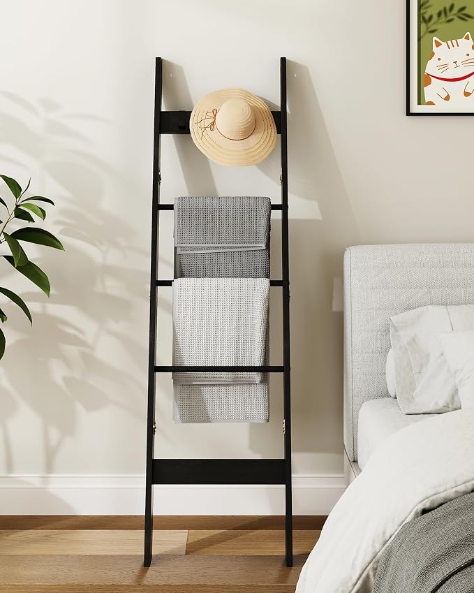 Hzuaneri Blanket Ladder Decorative Quilt Rack with 4 Removable Hooks | 5-Tier Farmhouse Ladder Holder Shelf Organizer for Living Room Bedroom, Black BR02104B