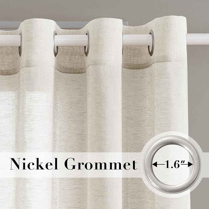 H.VERSAILTEX Linen Curtains Flax Linen Blended Curtain Panels for Living Room/Bedroom Semi Sheer Privacy Curtains 63 inch Length 2 Panels Set Nickel Grommet Window Drapes, Ivory