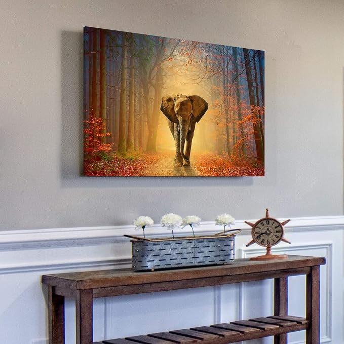 artopia Elephant Canvas Picture Walking Forest: African Wild Animal Wall Art Yellow Red Painting Autumn Nature Prints For Bedroom Living Room Decor 36x24