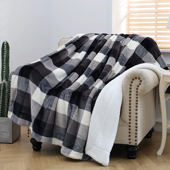 SOCHOW Buffalo Plaid Sherpa Throw Blanket, 50 x 60 inches, Black/White | Double-Sided Checkered Super Soft Luxurious Bedding Fleece Blanket