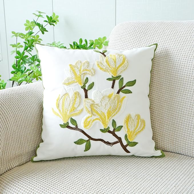 vctops Farmhouse Magnolia Flower Cotton Tufted Throw Pillow Cover Spring Floral Embroidery Pillowcase Soft Square Cushion Case for Sofa Couch Bed Chair (Yellow E,18"x18")