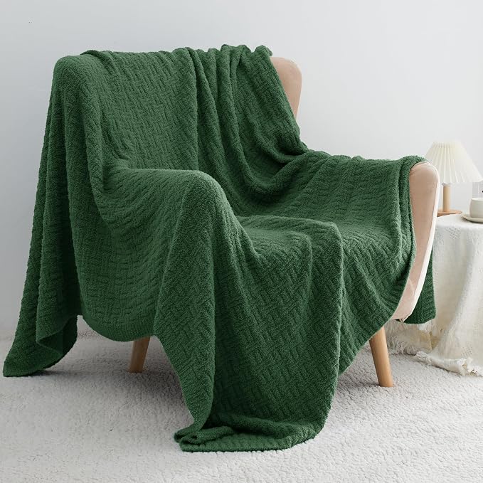 Green Ultra Soft Knit Throw Blanket for Couch,50"X60" Microfiber Fluffy Cozy Warm Knitted Blankets with Checked Pattern for Sofa Bed