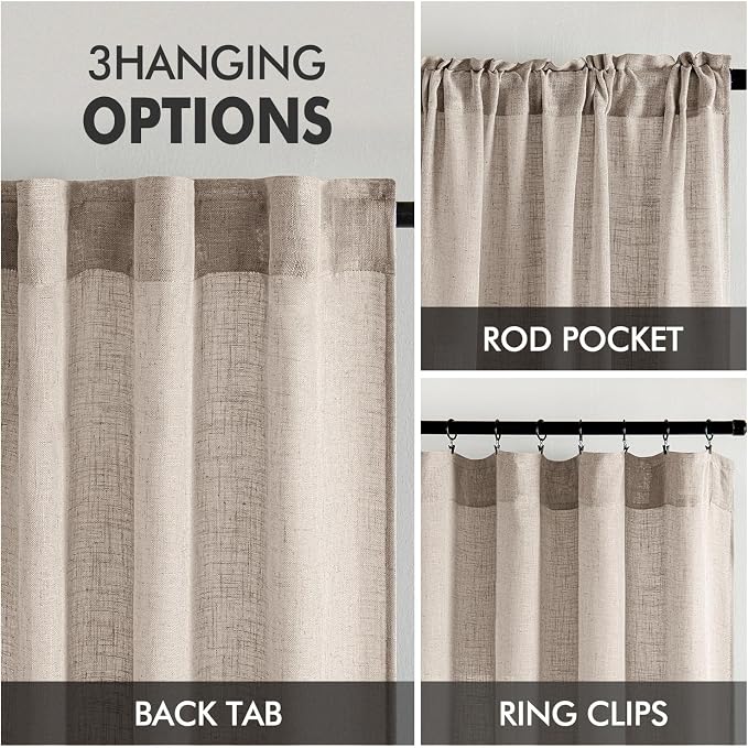 MIULEE Natural Linen Curtains 52x96 Inch Long 2 Panels for Bedroom | Soft Linen Textured Window Drapes, Semi Sheer Light Filtering, Back Tab Rod Pocket, Farmhouse Modern Burlap Look Decor