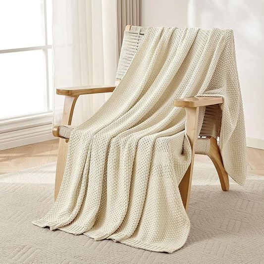 Joydeco Chunky Cable Knit Throw Blanket, Lightweight 100% Cotton Soft Cozy Throw Twin Blanket for Couch Bed and Sofa, Rustic Breathable Farmhouse Blanket Gift for Women Men(Cream White, 60"x80")