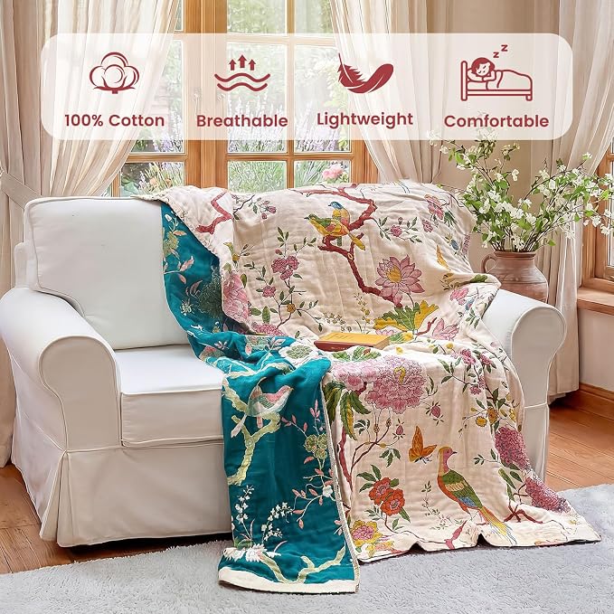MSGKV Boho Throw Blanket 60"x80" Cotton Chinoiserie Bird Blanket for Couch | 100% Cotton Throw, Chinoiserie Floral Bird, Reversible Woven, Breathable Lightweight, Decorative Accent, Machine Washable