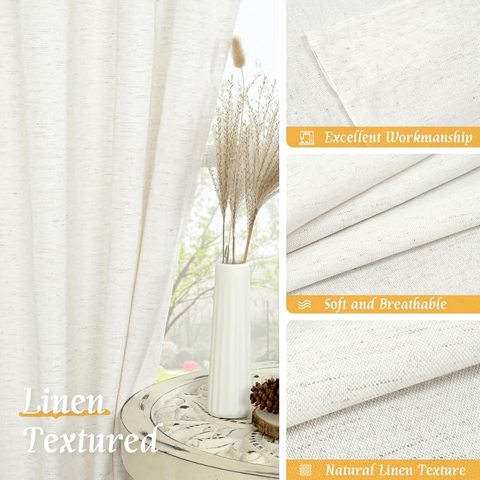 Linen Semi Sheer Curtains 84 inch Long for Living Room, 2 Panels | Light Filtering, Soft, Neutral, Window Treatment, Privacy, Drapes for Bedroom, Farmhouse, Rod Pocket, 52 x 84 Inch, Natural
