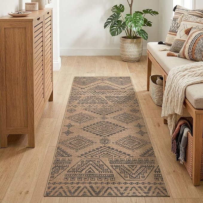 jinchan 2x5 Faux Jute Runner Rug Washable Boho Hallway Rug Natural Charcoal | Southwestern Geometric, Non-Slip Low Pile, Indoor Outdoor, High-Traffic, Kitchen, Bathroom, Laundry, Porch, Balcony, Entryway