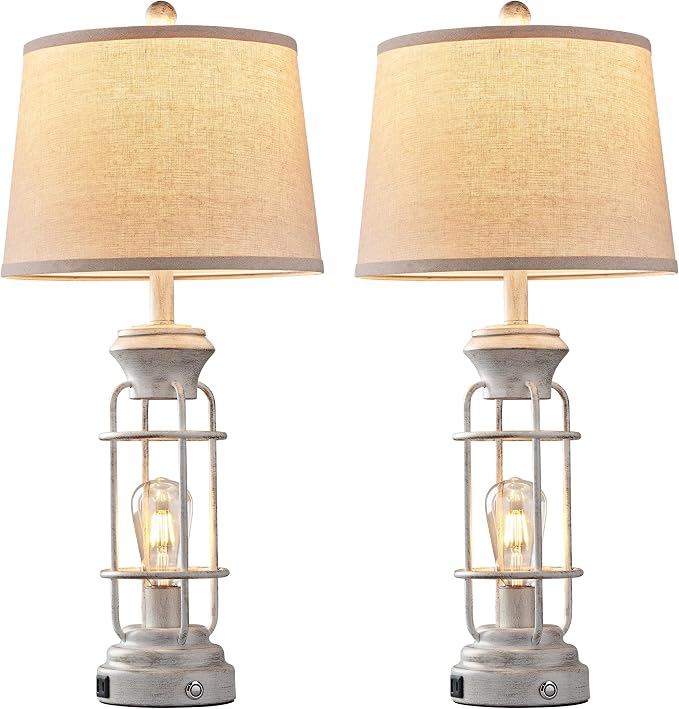 Reaketon 28" Farmhouse Table Lamp Set of 2 with USB Charging Ports, Tall Table Lamp for Living Room,3-Way Dimmable Lamps for Bedroom, Rustic Bedside Lamp, Industrial Nightstand Lamps,Bulbs Included