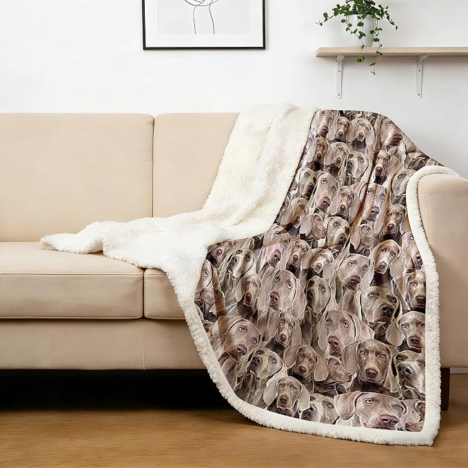 BlessLiving Fuzzy Dog Blanket for Kids Adults Puppy Lovey Fleece Blanket Reversible Animal Pattern Sherpa Throw (Weimaraner, 90 x 90 Inches)