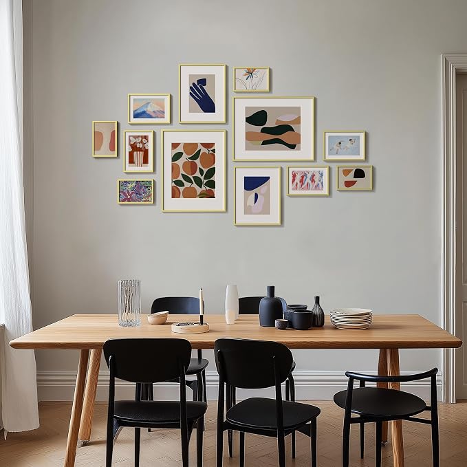 eletecpro Aluminum Gallery Wall Frame Set of 12 with Glass Cover, Gold | Including 2Pcs 11x14, 2Pcs 8x10, 4Pcs 5x7, 4Pcs 4x6 Photo Frames, Multiple Sizes Picture Frames Collage Wall Decor, Tabletop
