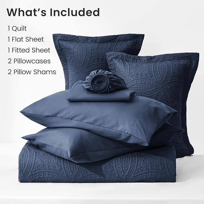 Love's cabin Queen Quilt Set Navy, Bed in a Bag Queen Size Bedding 7 Pieces, Ultrasonic Embossed Coin Pattern Comforter, Lightweight Bedspreads for All Seasons Quilt with Sheets, Pillowcases & Shams