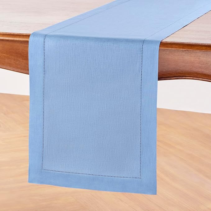 Solino Home 100% Pure Linen Dining Table Runner Cornflower Blue, 14 x 90 in | Classic Hemstitch, dresses up dining tables for everyday meals, hemstitched border, mitered corners, soft, OEKO-TEX Certified