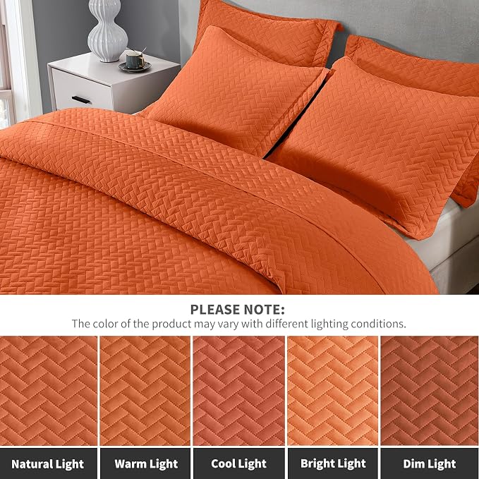 Maple&Stone Brunt Orange Quilt Set King Size, Lightweight Bedspread | Breathable Coverlet with Chevron Pattern, All-Season Dorm Bed Cover Set Bedding Decor 3 Piece