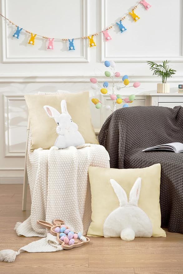 Pack of 2 Spring Easter Pillow Covers 18x18 Inch,3D Embroidered Bunny Rabbit Pillowcase Throw Covers Velvet Easter Decorative Cushion Cover (Beige-2PCS)