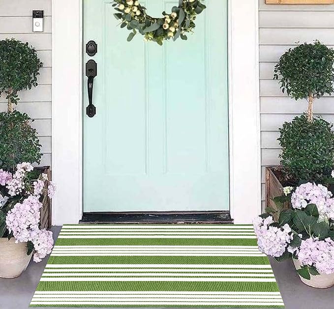 Green and White Striped Outdoor Rug 24'' x 35'' Door Mat Outdoor Machine Washable Welcome Mats Cotton Hand-Woven Entryway Rug for Front Porch/Entryway/Laundry/Bathroom/Bedroom