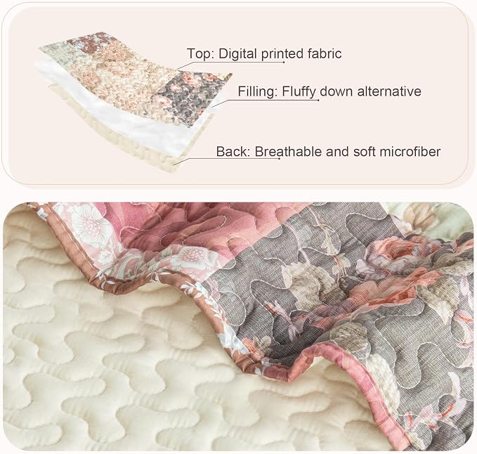 Whale Flotilla Patchwork Quilt King Size, Extra Soft Floral Bedspreads | Vintage Red Flowers Reversible Lightweight King Quilt Bedding Set for Bed, Printed Coverlets, 2 Pillow Shams for All Seasons