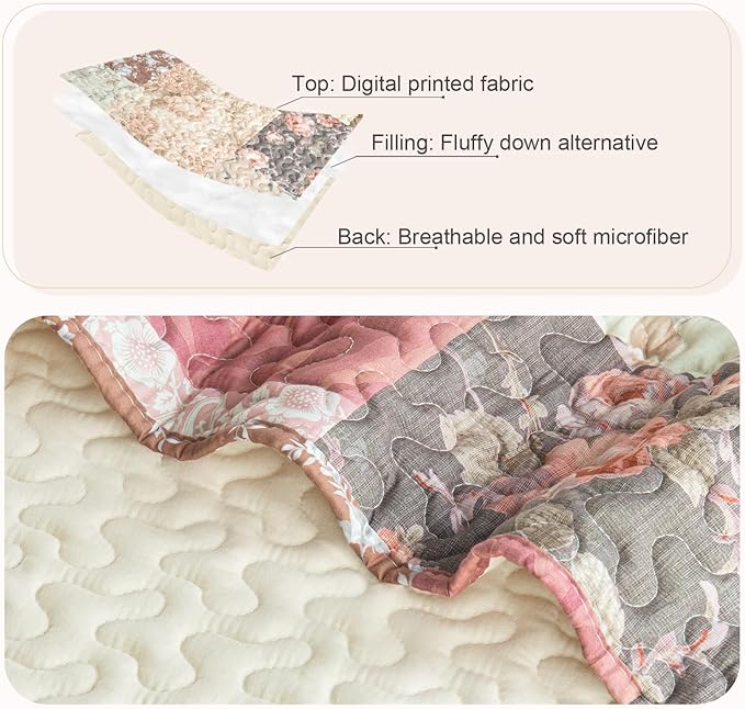 Whale Flotilla Patchwork Quilts Twin Size, Extra Soft Floral Bedspreads | Vintage Red Flowers Reversible Lightweight Twin Quilt Bedding Set for Bed, Printed Coverlet with Pillow Sham for All Seasons