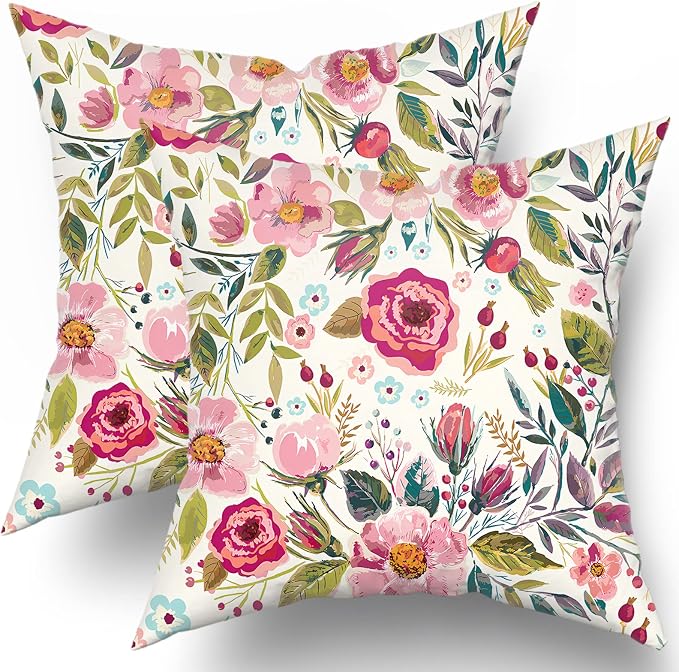 Spring Summer Flower Throw Pillow Covers 24x24 Inch Watercolor Peony Pillowcase Hot Pink Floral with Green Leaves Girly Decorative Square Cotton Cushion Cover Set of 2 for Home Garden Outdoor Bed