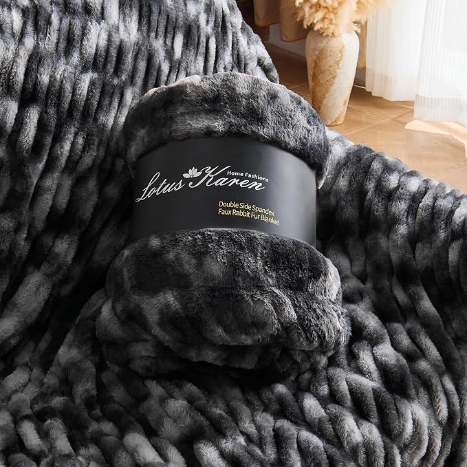 Lotus Karen Faux Fur Throw Blanket, 900 GSM Dual-Sided Soft Ruched Fluffy Blanket for Couch, Cozy Fuzzy Plush Throw Gifts for Women Man Bedroom Living Room (Tie-Dye Black, 50"x60")