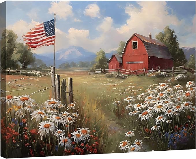 Made in USA Patriotic Red Barn American Flag Wall Art, 4th of July Farm Canvas Prints for Living Room, Rustic Wildflower Framed Artwork for Home Wall Decor, Independence Day Decor