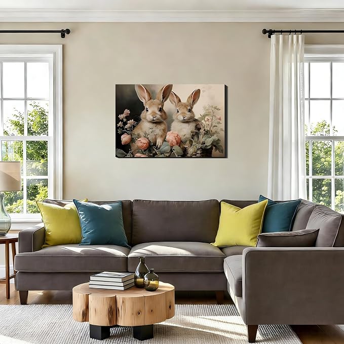 RIBNTAK Vintage Bunny & Floral Canvas Wall Art 12x18, Framed Cozy Spring Prints Pictures, Easter Rabbit Canvas Artwork for Bedroom, Living Room, Office, Cute Farmhouse Home Wall Decor