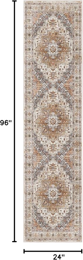 Madane Hallway Runner Rug 2x8 Washable Kitchen Rugs Non-Slip, Turmeric/Grey | Vintage Machine Washable Low-Pile Floor Carpet 8ft, Soft Ultra-Thin Throw Entry Foyer Mat for Entrance Laundry Living Room