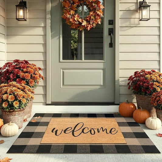 LEEVAN Buffalo Plaid Outdoor Rug, Washable Checkered Front Porch Rug | 27.5x43 Inch Black and Tan Earthy Tones Cotton Woven Farmhouse Decor Neutral Layered Door Mats for Entryway Kitchen Bedroom