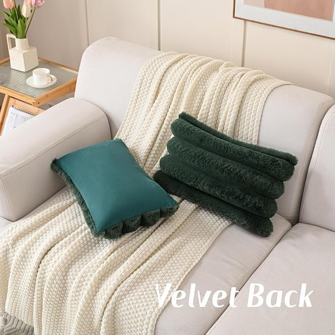 HAUSSY 2 Pack Lumbar Pillow Covers 12x20 Inch, Faux Fur Decorative Couch Throw Pillows Soft Striped Plush Cushion Covers Home Decor Cute Furry Pillowcase for Living Room Sofa Bed, Dark Green